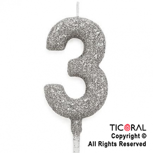 VELA NUMERAL CHICO 5.5 CM CON GIBRE PLATA NUMERO 3 x 1